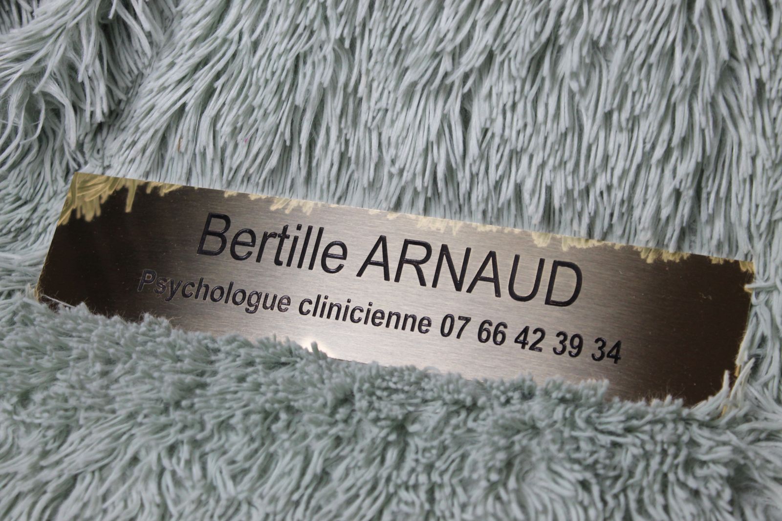 Plaque professionnelle en laiton avec gravure et peinture pour une psychologue