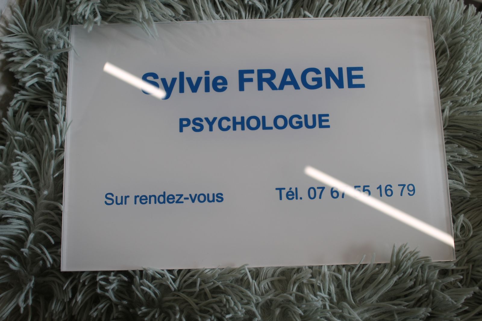 Plaque professionnelle en plexiglas avec gravure et peinture pour une psychologue