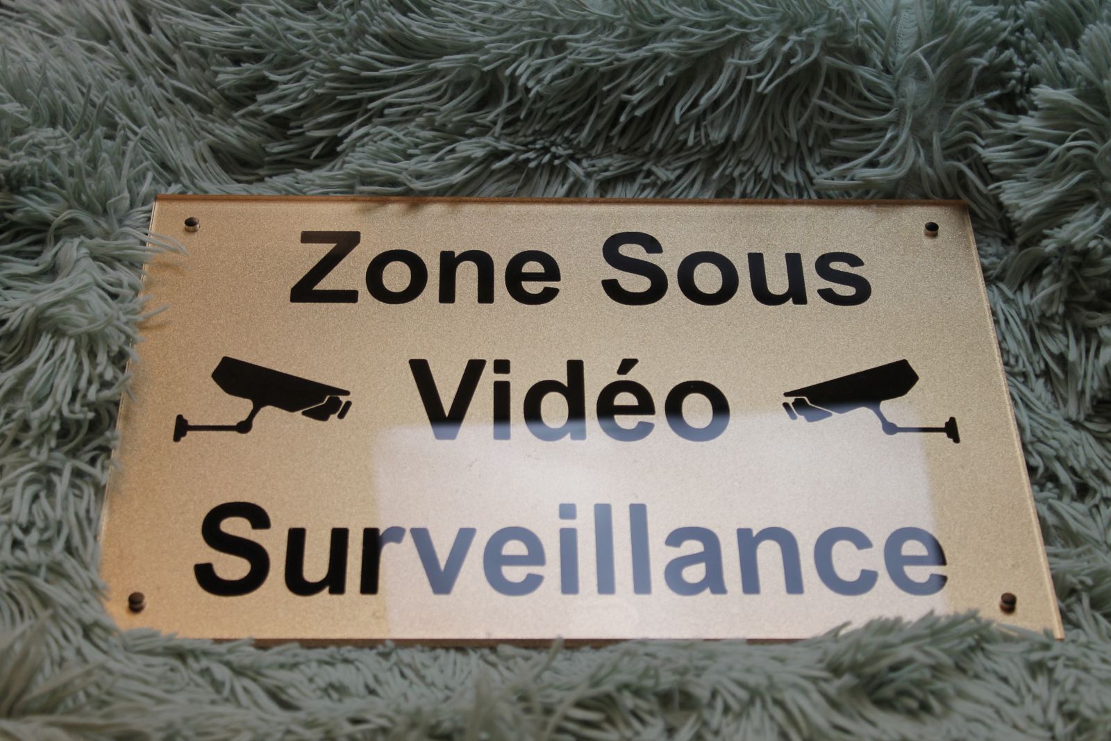 Plaque signalétique en plexiglas avec peinture et gravure de zone sous surveillance