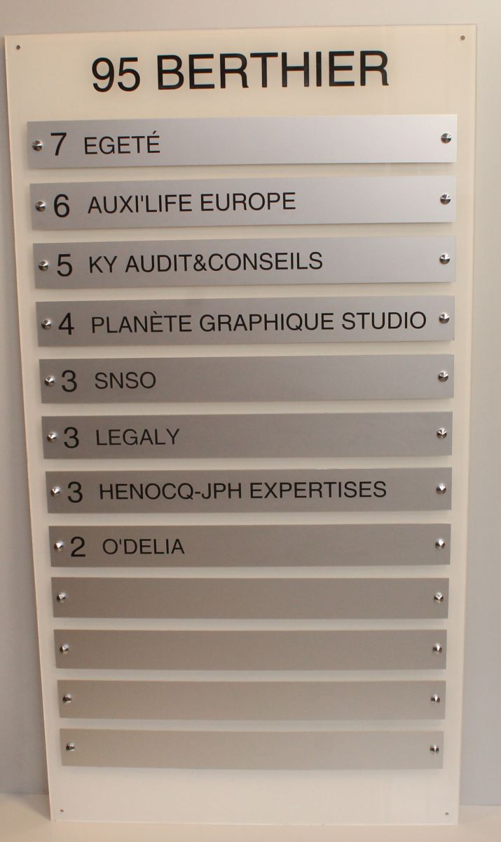 Ensemble de plaques aluminium montées sur support plexi gravé
