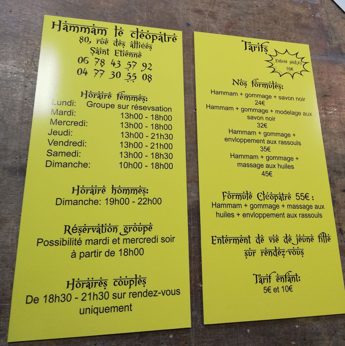 Plaque impression numérique pour indiquer les horaires et les tarifs d'un hammam